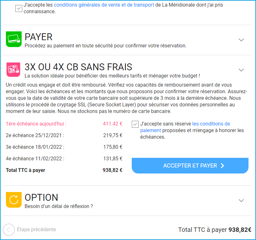 Échéancier du paiement en 3X ou 4X CB avec La Méridionale