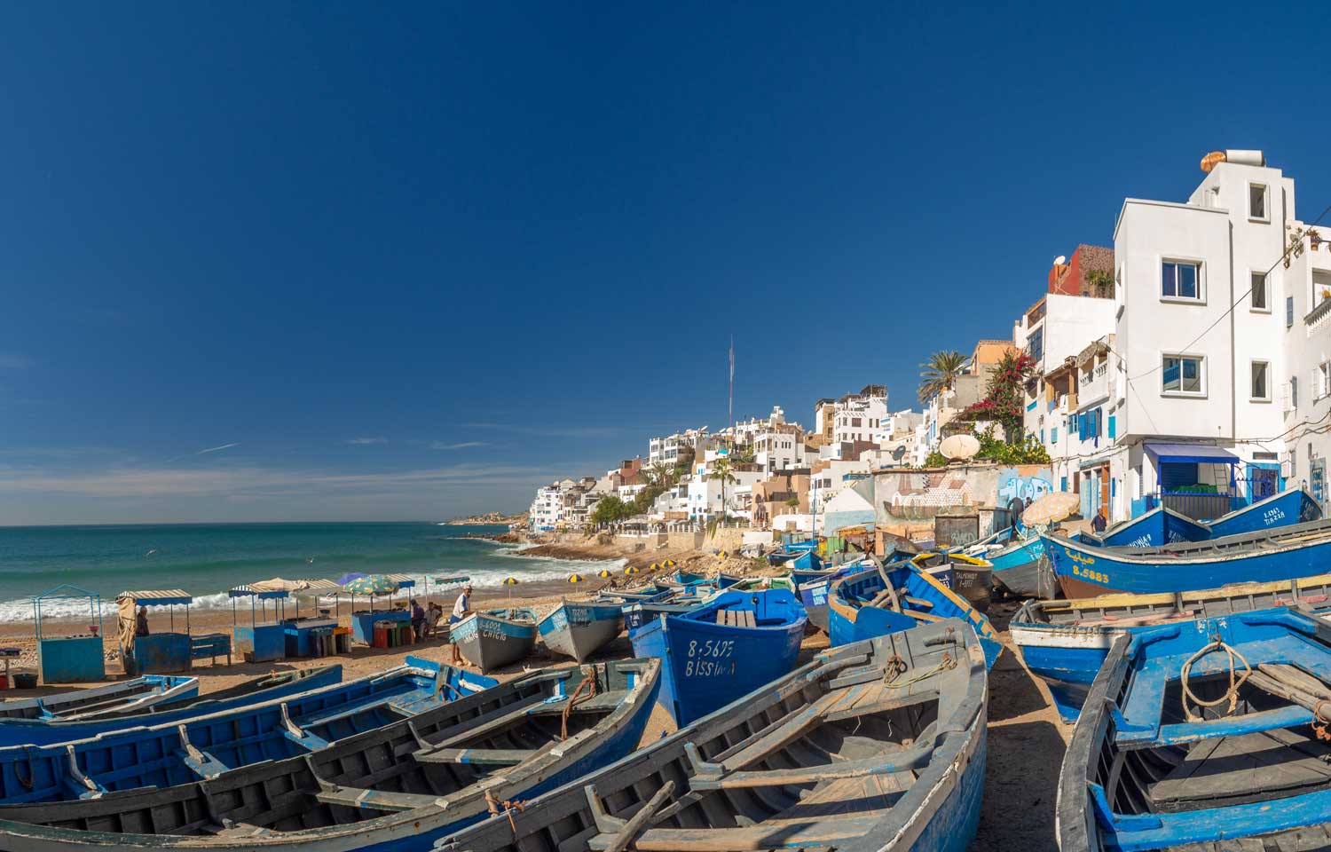 Taghazout, village de pêcheurs au nord de la ville d'Agadir réputé pour ses plages de surf. 